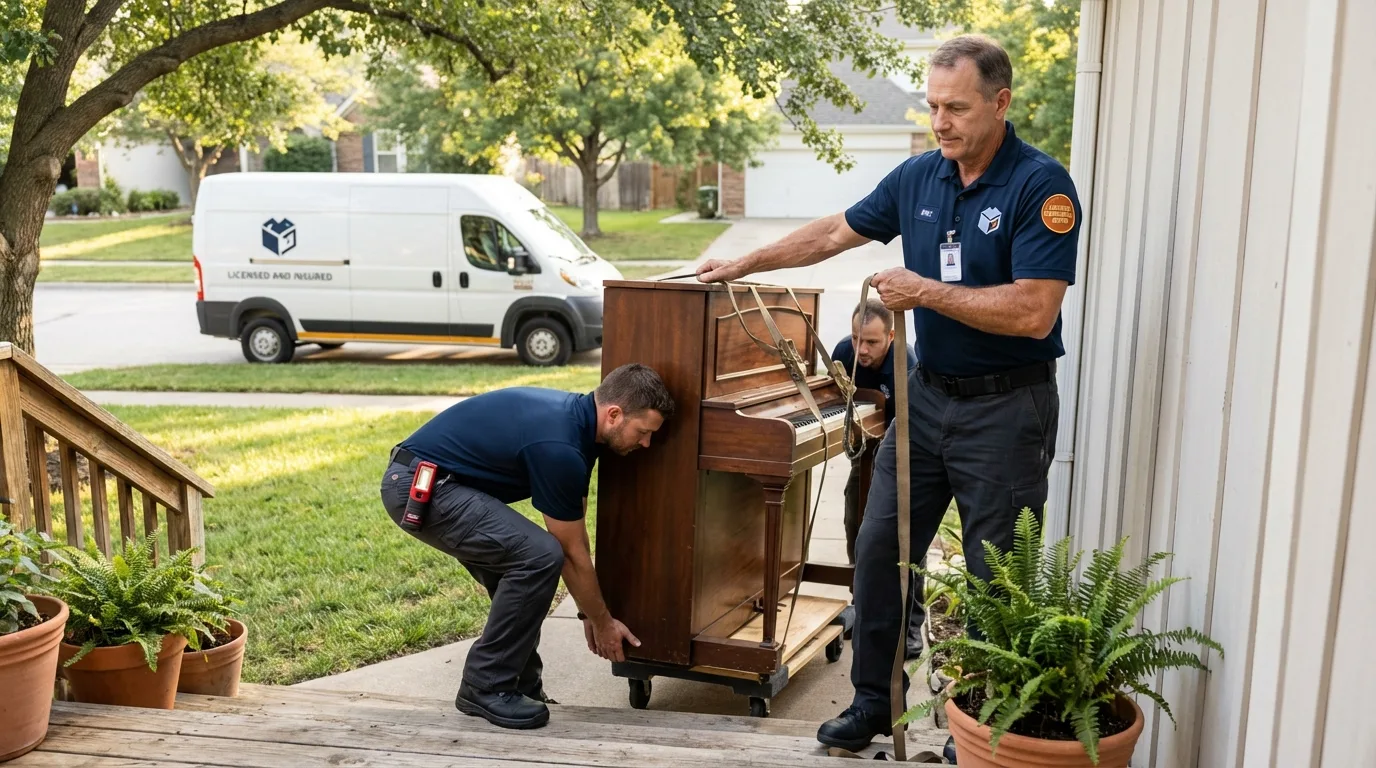 Licensed piano movers securing grand piano in Cherokee Village, AR