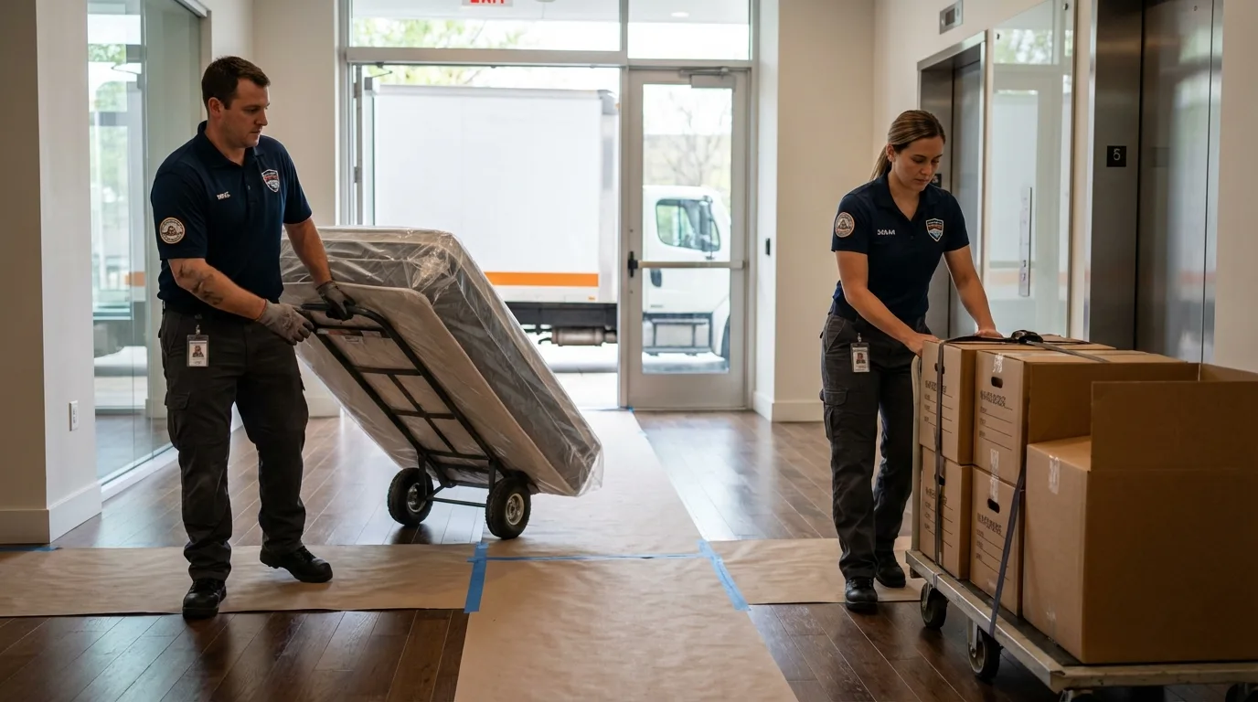 Professional apartment movers loading elevator in Cherokee Village, AR