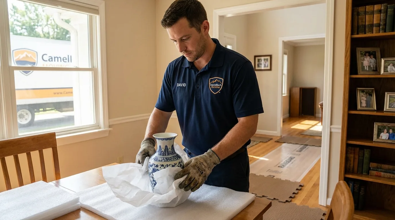 Professional crew carefully wrapping antique vase for senior downsizing move in Cherokee Village, AR